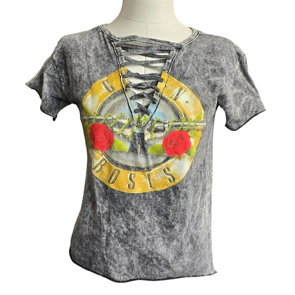 Guns N Roses Distressed Lace-Up Graphic T-Shirt With Rose PrintBrey Black  jj371 - Picture 1 of 8